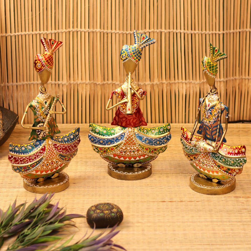 Handcrafted Rajasthani Musician Metal Figurines – Traditional Folk Art Showpieces for Home Decor (Set of 3)