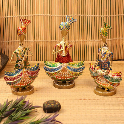 Handcrafted Rajasthani Musician Metal Figurines – Traditional Folk Art Showpieces for Home Decor (Set of 3)