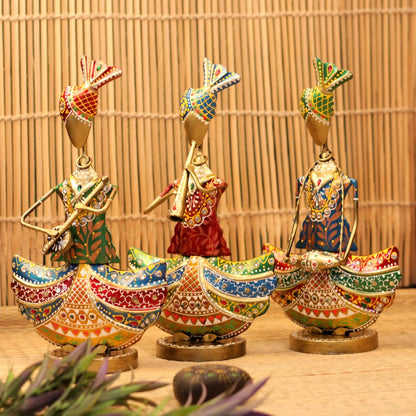 Handcrafted Rajasthani Musician Metal Figurines – Traditional Folk Art Showpieces for Home Decor (Set of 3)