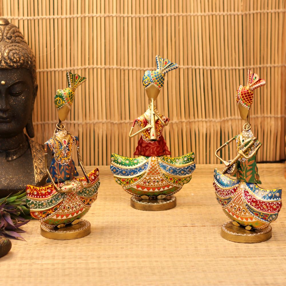 Handcrafted Rajasthani Musician Metal Figurines – Traditional Folk Art Showpieces for Home Decor (Set of 3)
