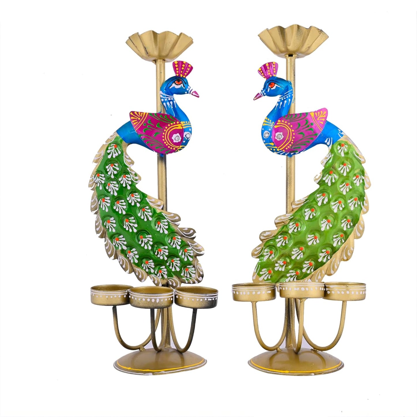 Handcrafted Peacock Tealight Candle Holder Set – Metal Decorative Diya Stand (Set of 2)