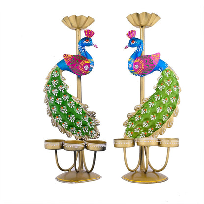 Handcrafted Peacock Tealight Candle Holder Set – Metal Decorative Diya Stand (Set of 2)