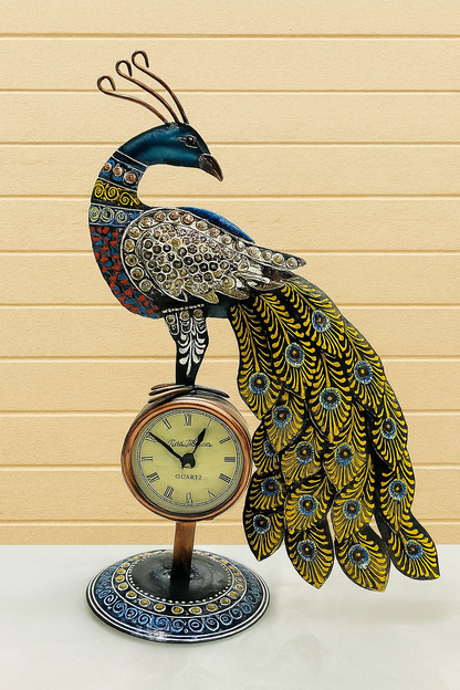 Handcrafted Peacock Decorative Table Clock | Antique Metal Art Showpiece for Home & Office