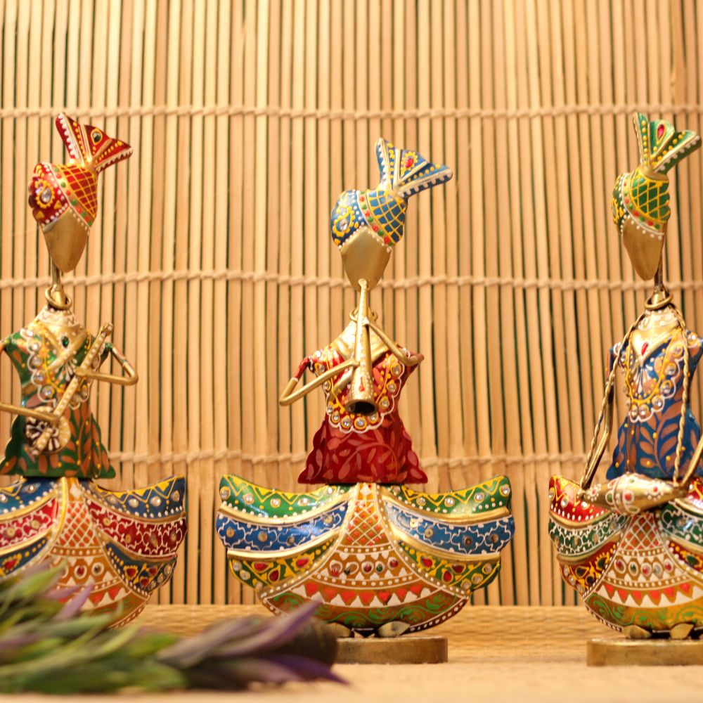 Handcrafted Rajasthani Musician Metal Figurines – Traditional Folk Art Showpieces for Home Decor (Set of 3)
