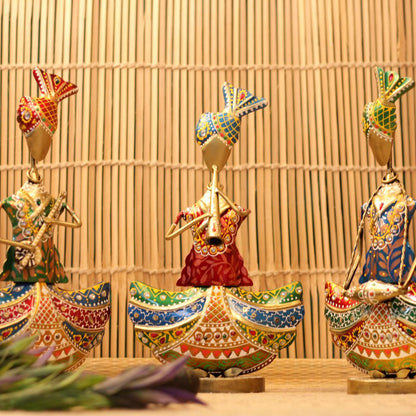 Handcrafted Rajasthani Musician Metal Figurines – Traditional Folk Art Showpieces for Home Decor (Set of 3)