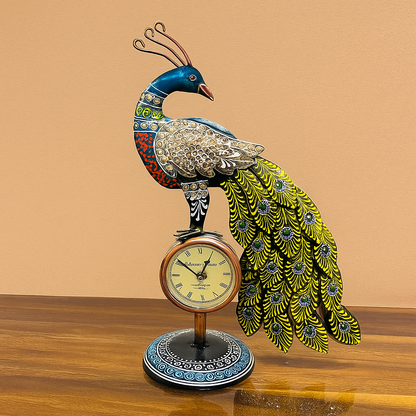 Handcrafted Peacock Decorative Table Clock | Antique Metal Art Showpiece for Home & Office