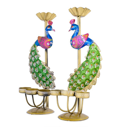 Handcrafted Peacock Tealight Candle Holder Set – Metal Decorative Diya Stand (Set of 2)