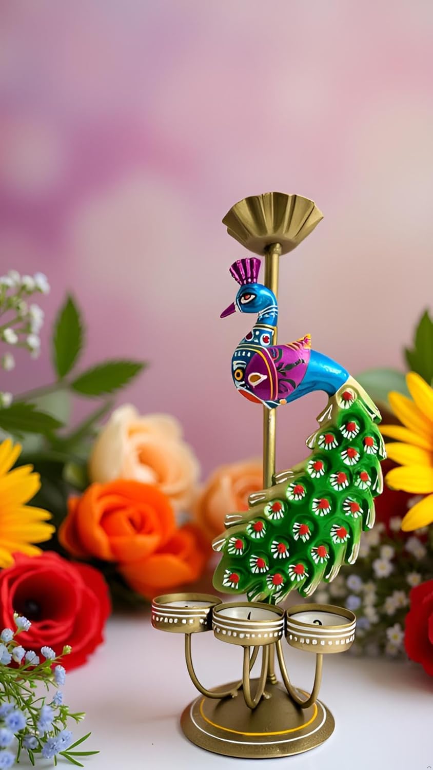 Handcrafted Peacock Tealight Candle Holder Set – Metal Decorative Diya Stand (Set of 2)