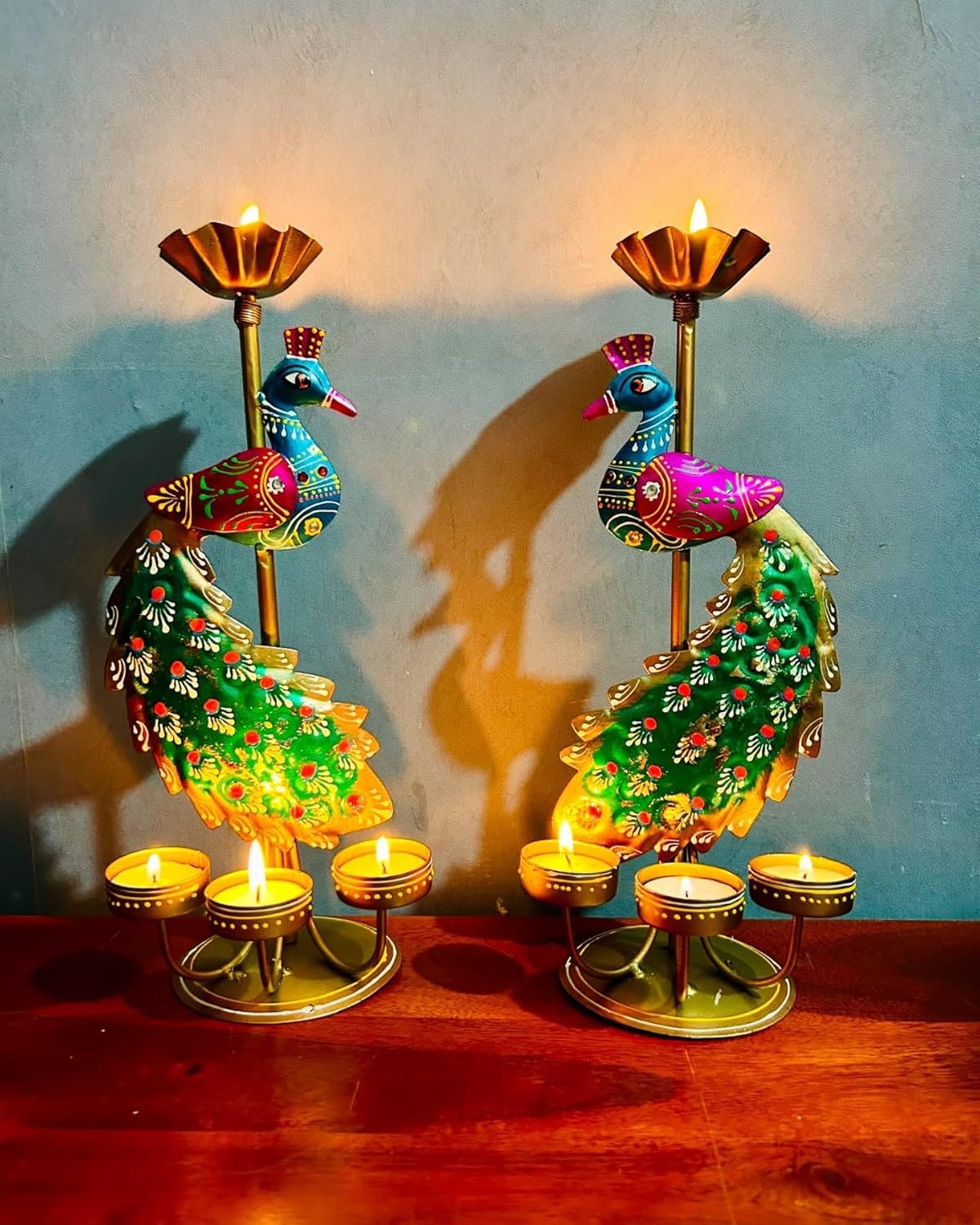 Handcrafted Peacock Tealight Candle Holder Set – Metal Decorative Diya Stand (Set of 2)