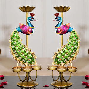 Handcrafted Peacock Tealight Candle Holder Set – Metal Decorative Diya Stand (Set of 2)