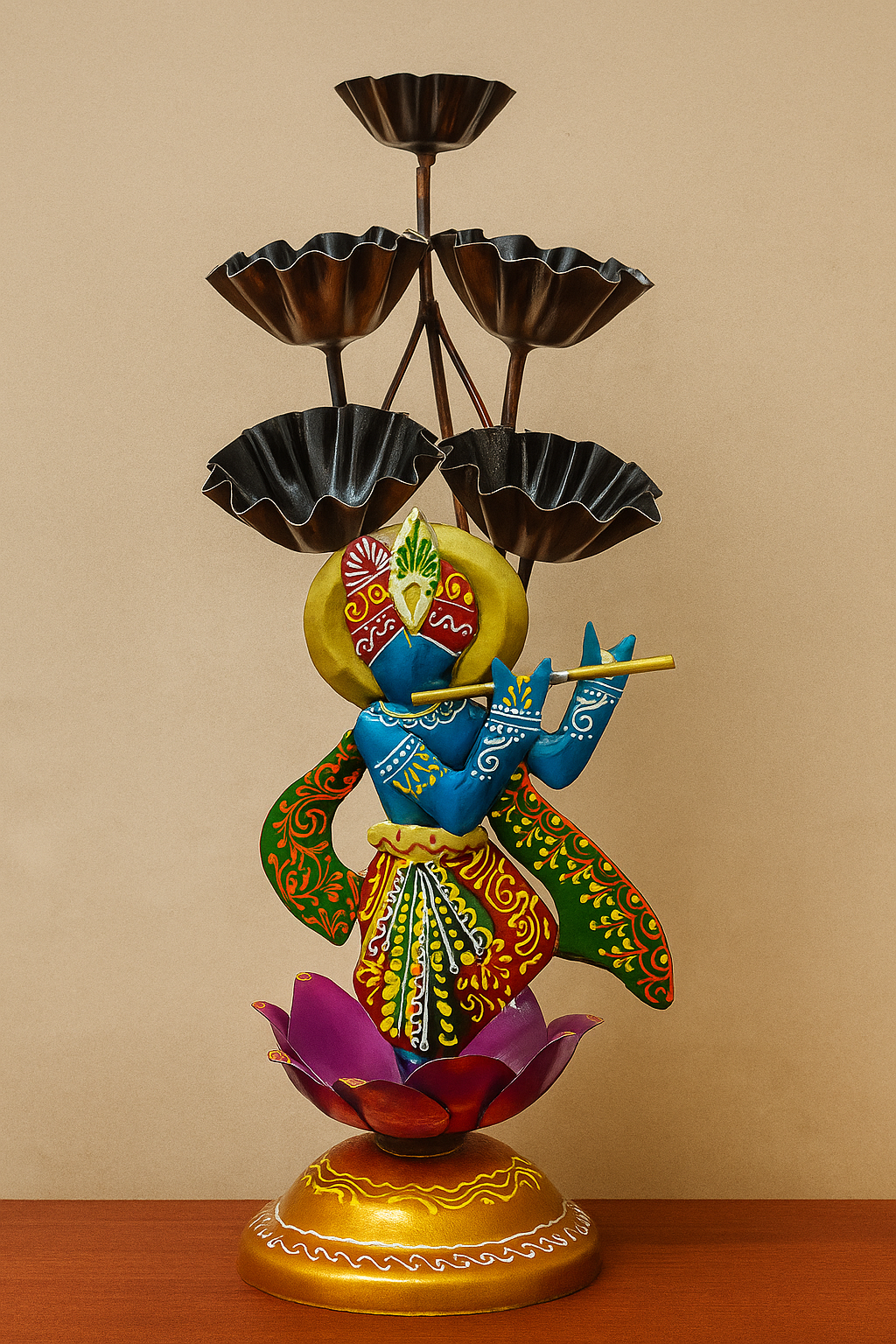 Handmade Metal Lord Krishna Candle Stand | Decorative Diya Holder | Indian Home Decor | Spiritual Wall & Table Art Gift