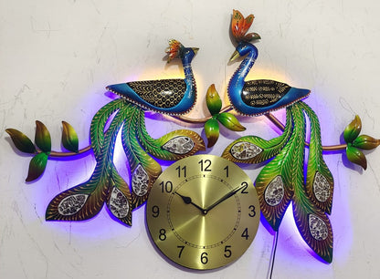 Handcrafted Peacock Wall Clock with LED Light | Decorative Metal Wall Art for Home & Office