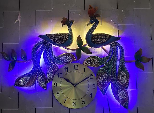 Handcrafted Peacock Wall Clock with LED Light | Decorative Metal Wall Art for Home & Office