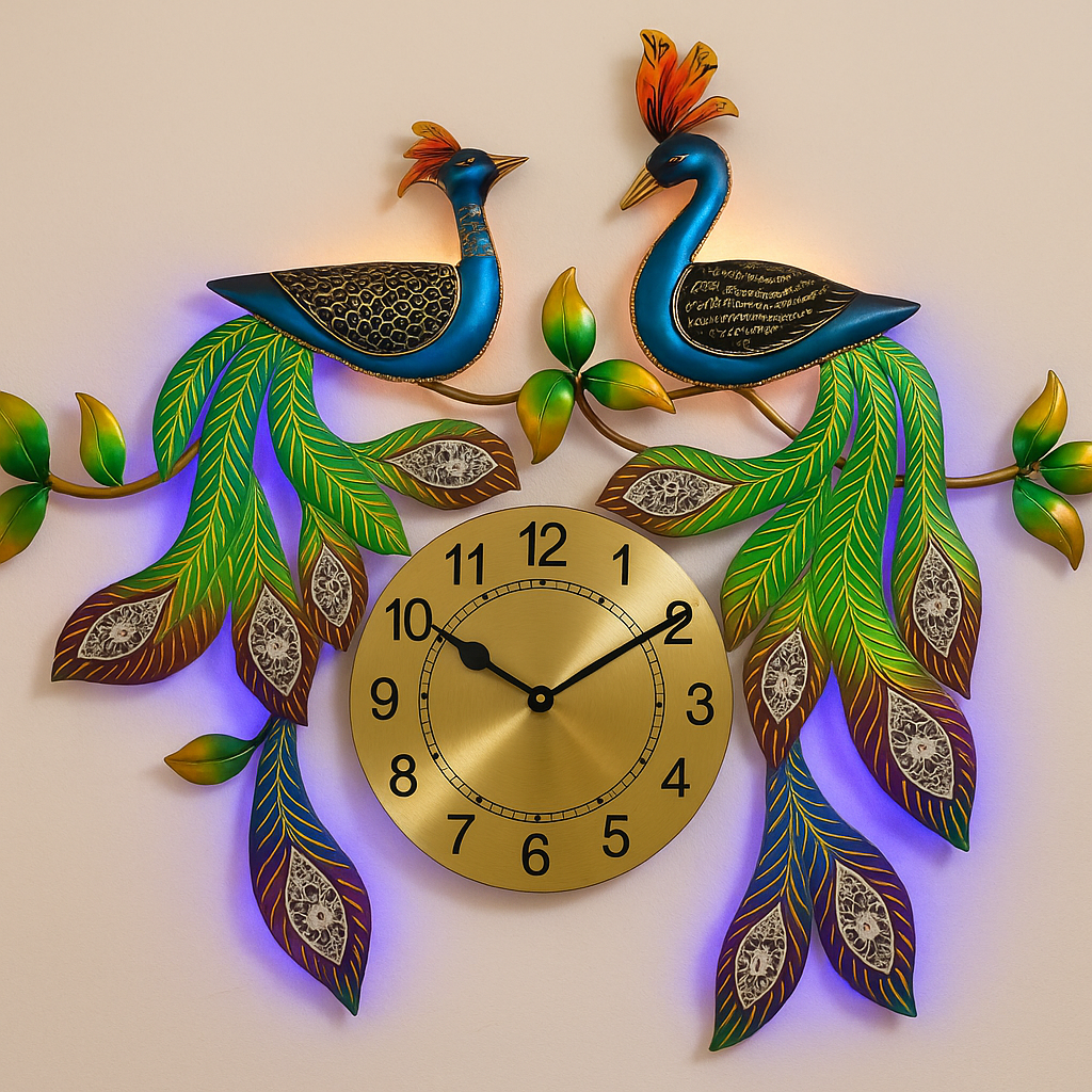 Handcrafted Peacock Wall Clock with LED Light | Decorative Metal Wall Art for Home & Office