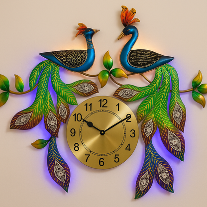 Handcrafted Peacock Wall Clock with LED Light | Decorative Metal Wall Art for Home & Office