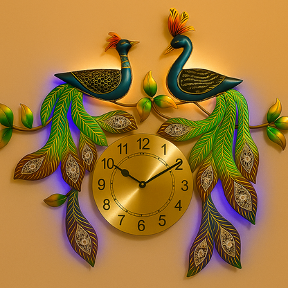Handcrafted Peacock Wall Clock with LED Light | Decorative Metal Wall Art for Home & Office