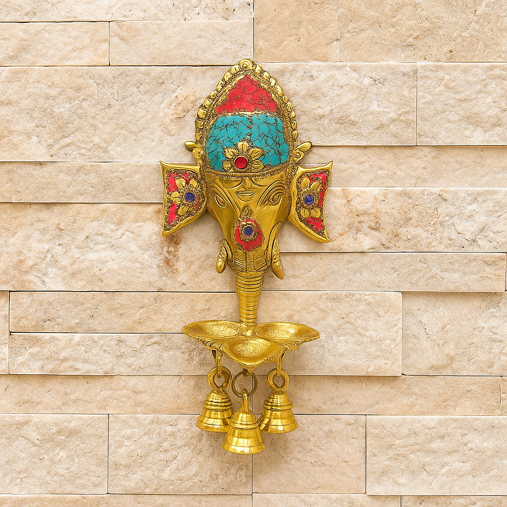 Handcrafted Brass Lord Ganesha Wall Hanging Diya with Bells for Home Temple & Decor