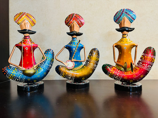 Handmade Indian Musician Figurines | Rajasthani Folk Art Metal Showpiece | Colorful Home Decor | Ethnic Tabletop Sculpture Gift