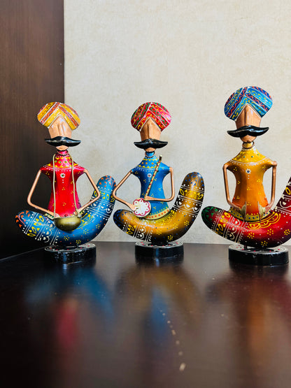 Handmade Indian Musician Figurines | Rajasthani Folk Art Metal Showpiece | Colorful Home Decor | Ethnic Tabletop Sculpture Gift