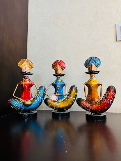 Handmade Indian Musician Figurines | Rajasthani Folk Art Metal Showpiece | Colorful Home Decor | Ethnic Tabletop Sculpture Gift