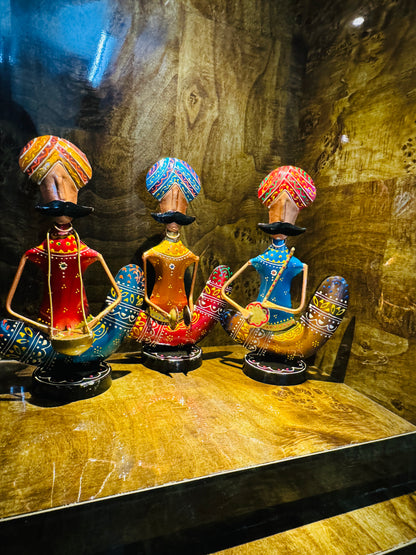 Handmade Indian Musician Figurines | Rajasthani Folk Art Metal Showpiece | Colorful Home Decor | Ethnic Tabletop Sculpture Gift