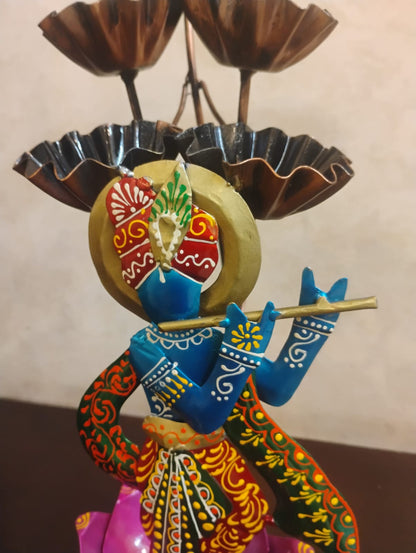 Handmade Metal Lord Krishna Candle Stand | Decorative Diya Holder | Indian Home Decor | Spiritual Wall & Table Art Gift