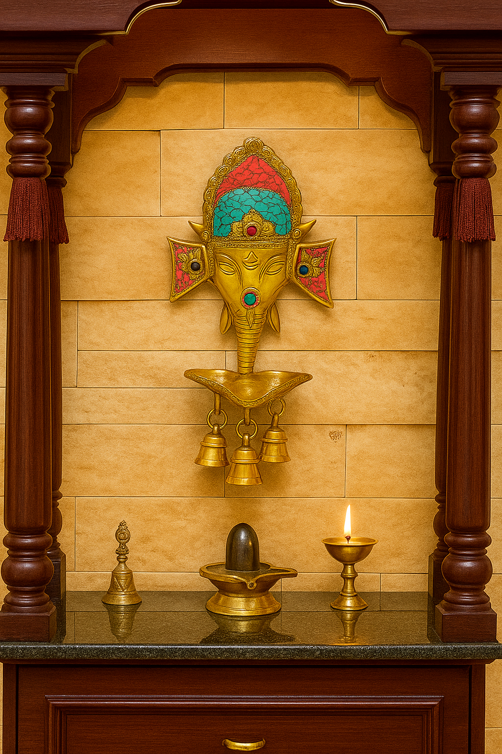 Handcrafted Brass Lord Ganesha Wall Hanging Diya with Bells for Home Temple & Decor