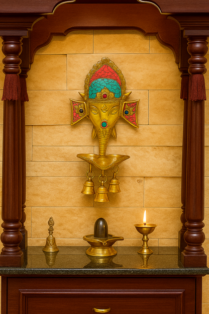 Handcrafted Brass Lord Ganesha Wall Hanging Diya with Bells for Home Temple & Decor