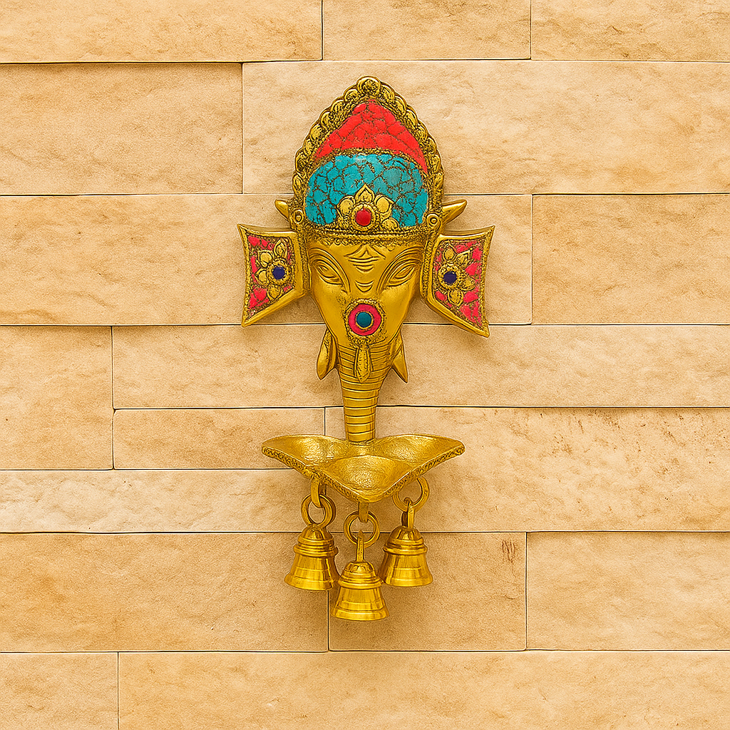 Handcrafted Brass Lord Ganesha Wall Hanging Diya with Bells for Home Temple & Decor