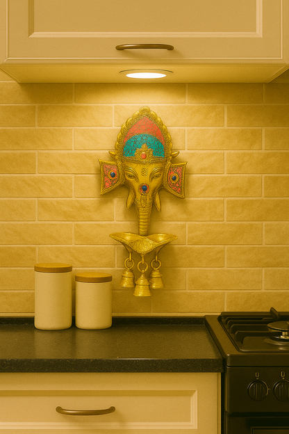 Handcrafted Brass Lord Ganesha Wall Hanging Diya with Bells for Home Temple & Decor