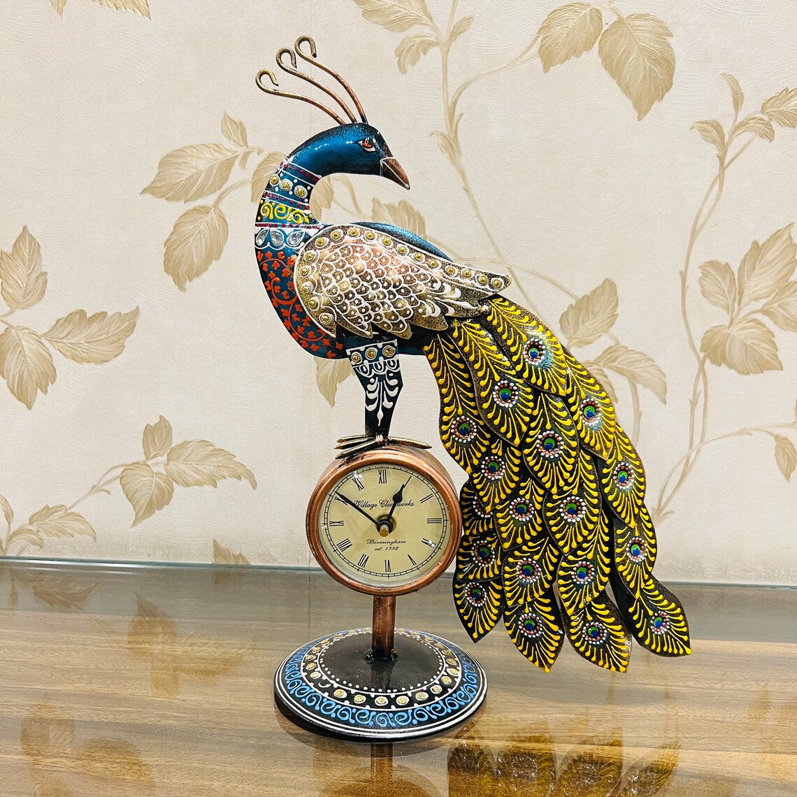 Handcrafted Peacock Decorative Table Clock | Antique Metal Art Showpiece for Home & Office