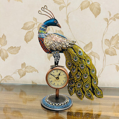 Handcrafted Peacock Decorative Table Clock | Antique Metal Art Showpiece for Home & Office