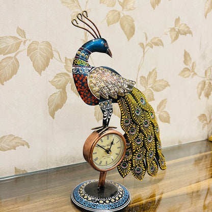 Handcrafted Peacock Decorative Table Clock | Antique Metal Art Showpiece for Home & Office