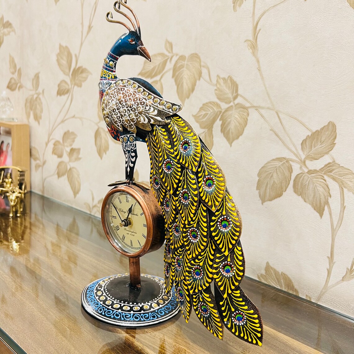 Handcrafted Peacock Decorative Table Clock | Antique Metal Art Showpiece for Home & Office