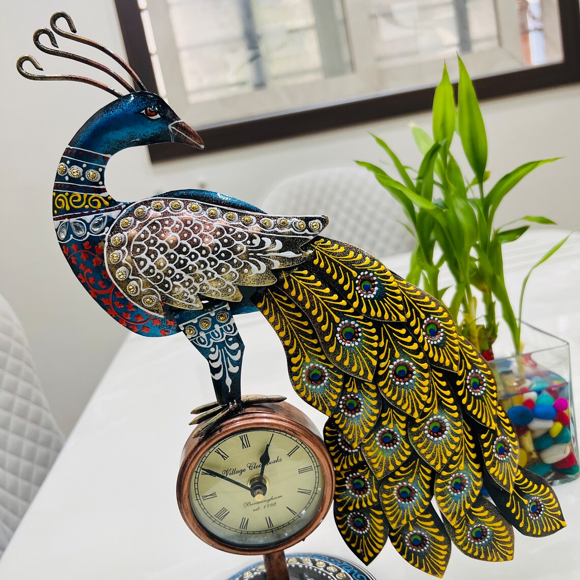 Handcrafted Peacock Decorative Table Clock | Antique Metal Art Showpiece for Home & Office