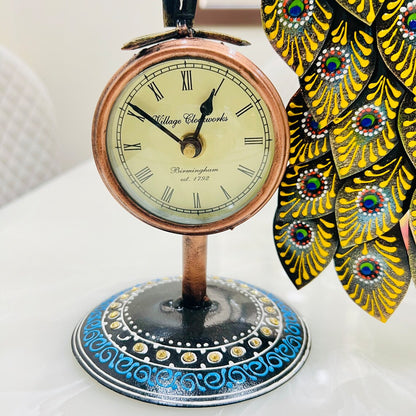 Handcrafted Peacock Decorative Table Clock | Antique Metal Art Showpiece for Home & Office