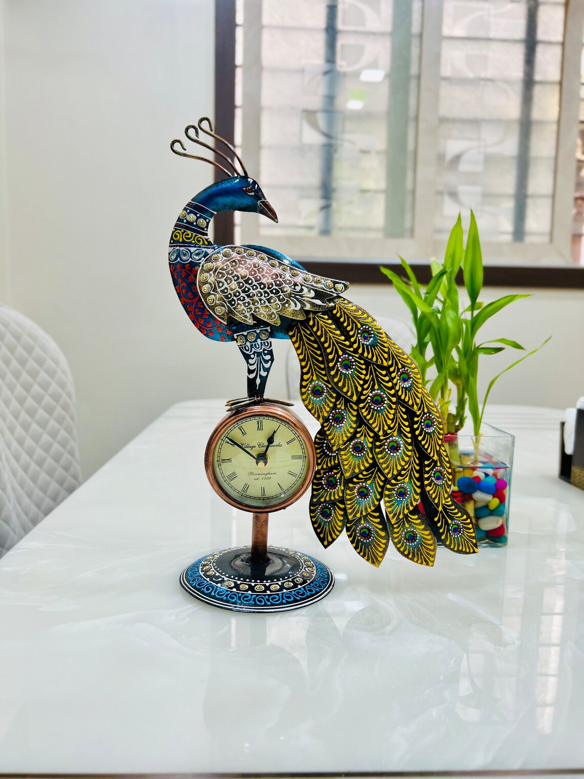Handcrafted Peacock Decorative Table Clock | Antique Metal Art Showpiece for Home & Office
