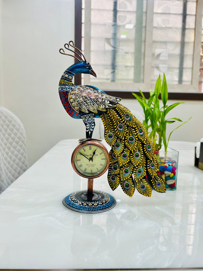 Handcrafted Peacock Decorative Table Clock | Antique Metal Art Showpiece for Home & Office