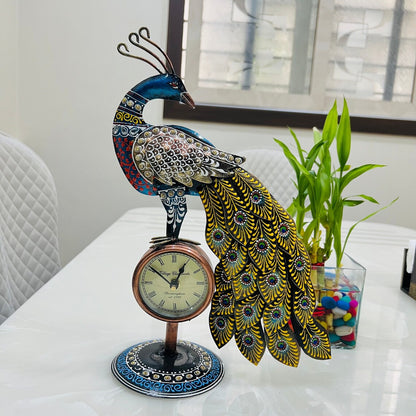 Handcrafted Peacock Decorative Table Clock | Antique Metal Art Showpiece for Home & Office
