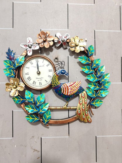 Handcrafted Peacock Metal Wall Clock with Floral Design for Home Decor
