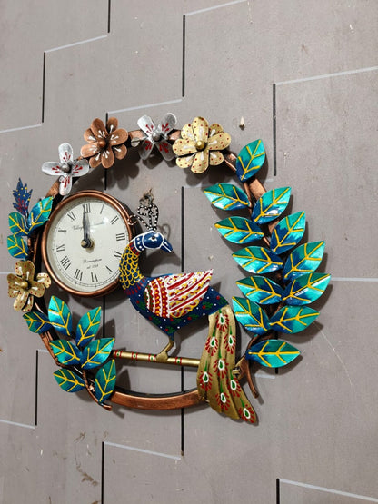 Handcrafted Peacock Metal Wall Clock with Floral Design for Home Decor
