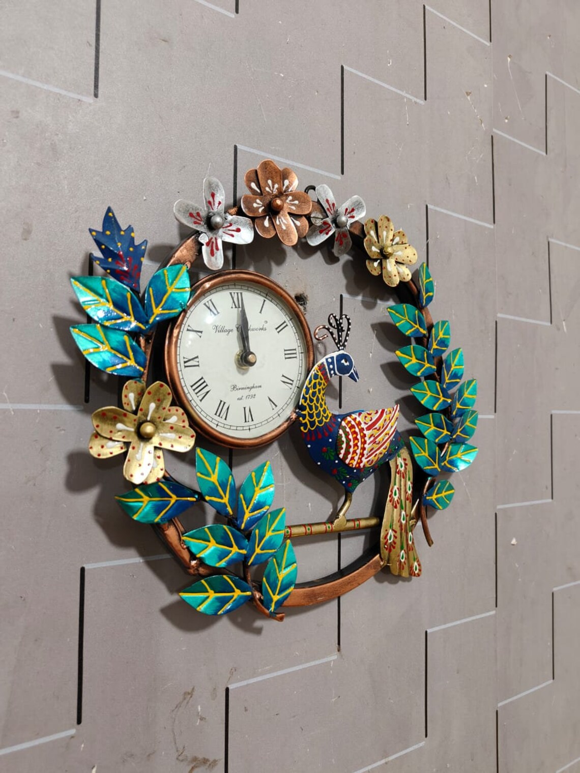 Handcrafted Peacock Metal Wall Clock with Floral Design for Home Decor