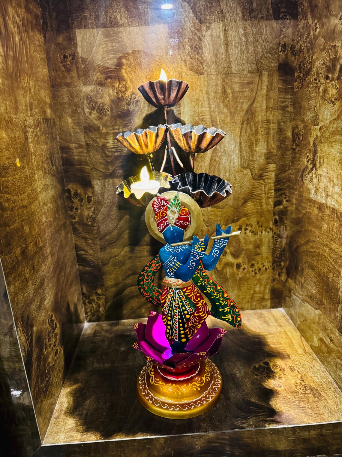 Handmade Metal Lord Krishna Candle Stand | Decorative Diya Holder | Indian Home Decor | Spiritual Wall & Table Art Gift