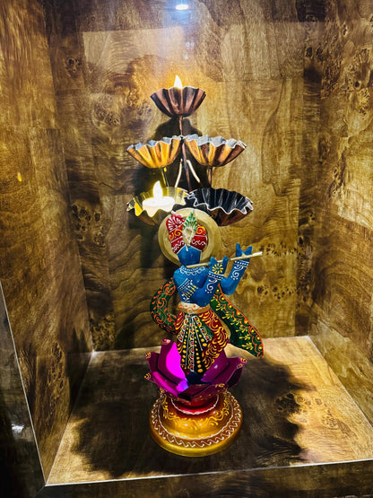 Handmade Metal Lord Krishna Candle Stand | Decorative Diya Holder | Indian Home Decor | Spiritual Wall & Table Art Gift