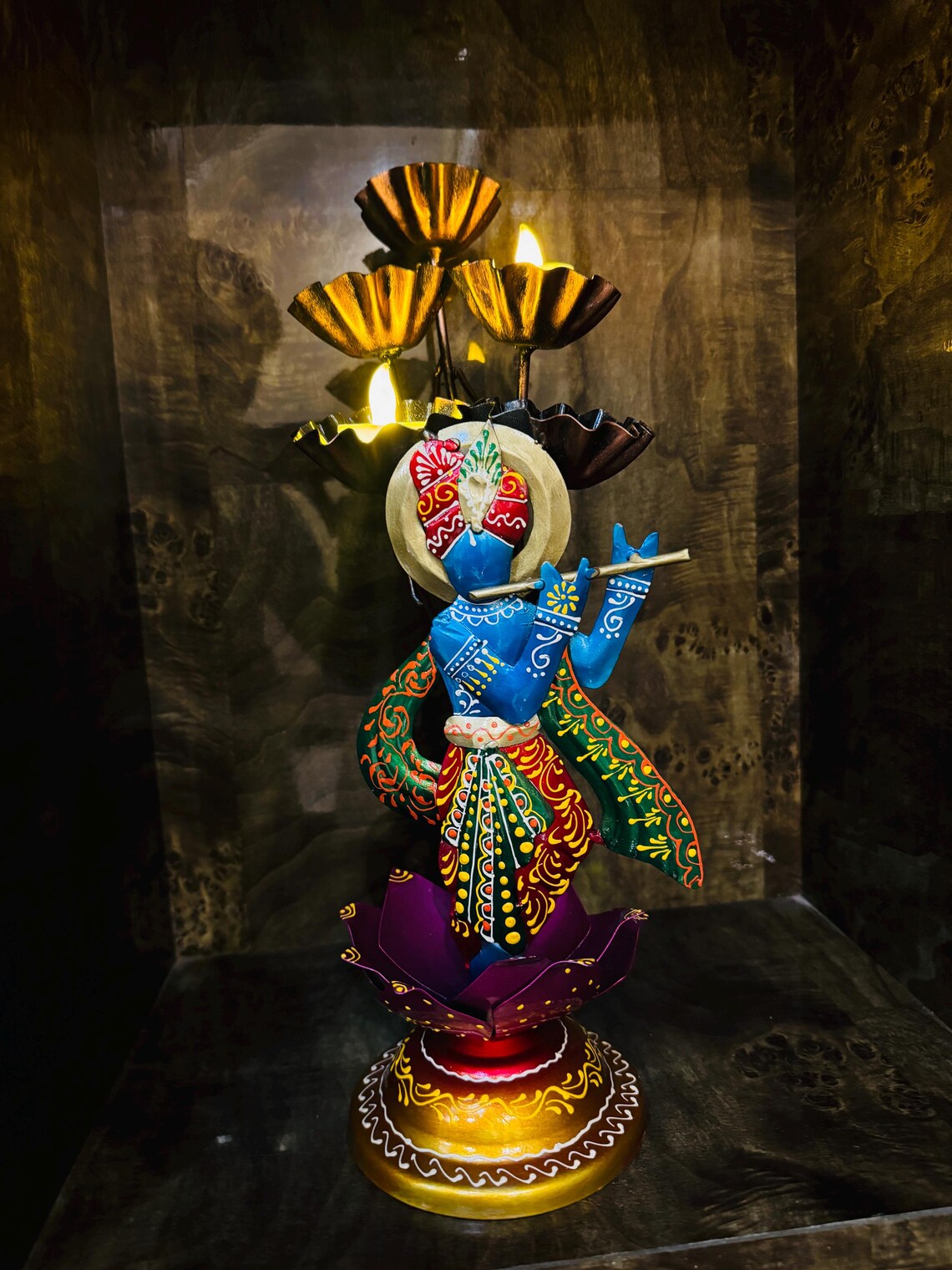 Handmade Metal Lord Krishna Candle Stand | Decorative Diya Holder | Indian Home Decor | Spiritual Wall & Table Art Gift