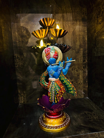 Handmade Metal Lord Krishna Candle Stand | Decorative Diya Holder | Indian Home Decor | Spiritual Wall & Table Art Gift