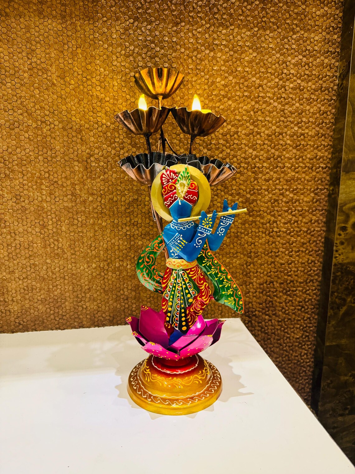 Handmade Metal Lord Krishna Candle Stand | Decorative Diya Holder | Indian Home Decor | Spiritual Wall & Table Art Gift