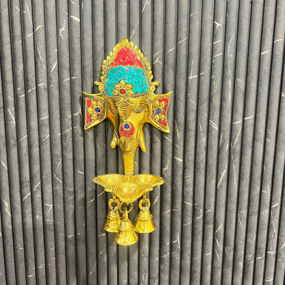 Handcrafted Brass Lord Ganesha Wall Hanging Diya with Bells for Home Temple & Decor