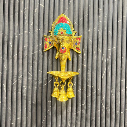 Handcrafted Brass Lord Ganesha Wall Hanging Diya with Bells for Home Temple & Decor