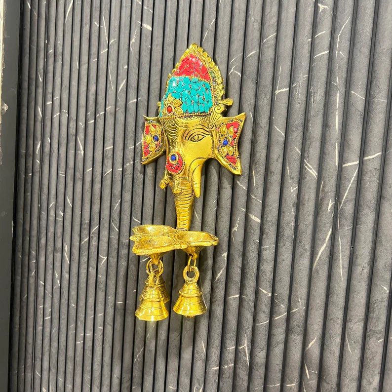 Handcrafted Brass Lord Ganesha Wall Hanging Diya with Bells for Home Temple & Decor